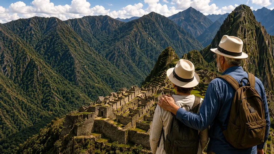 Senior travelers discovering Machu Picchu in Peru